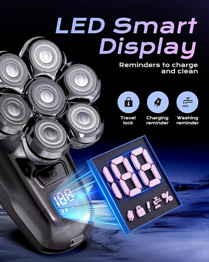 JIJ Head Shavers for Bald Men - 5-in-1 Electric Head Shaver Grooming Kit, 7D Floating Wet/Dry Electric Razor for Bald Heads with LED Smart Display, Turbo Speed & Type-C Charging (2000mAh)
