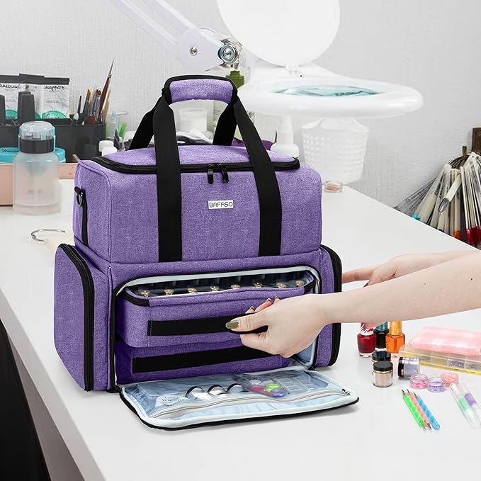 BAFASO Nail Polish Organizer Holds 80 Bottles (15ml - 0.5 fl.oz) and a UV Nail Lamp, Nail Polish Case with 2 Removable Pouches and Manicure Tools Storage Sections (Patented), Purple