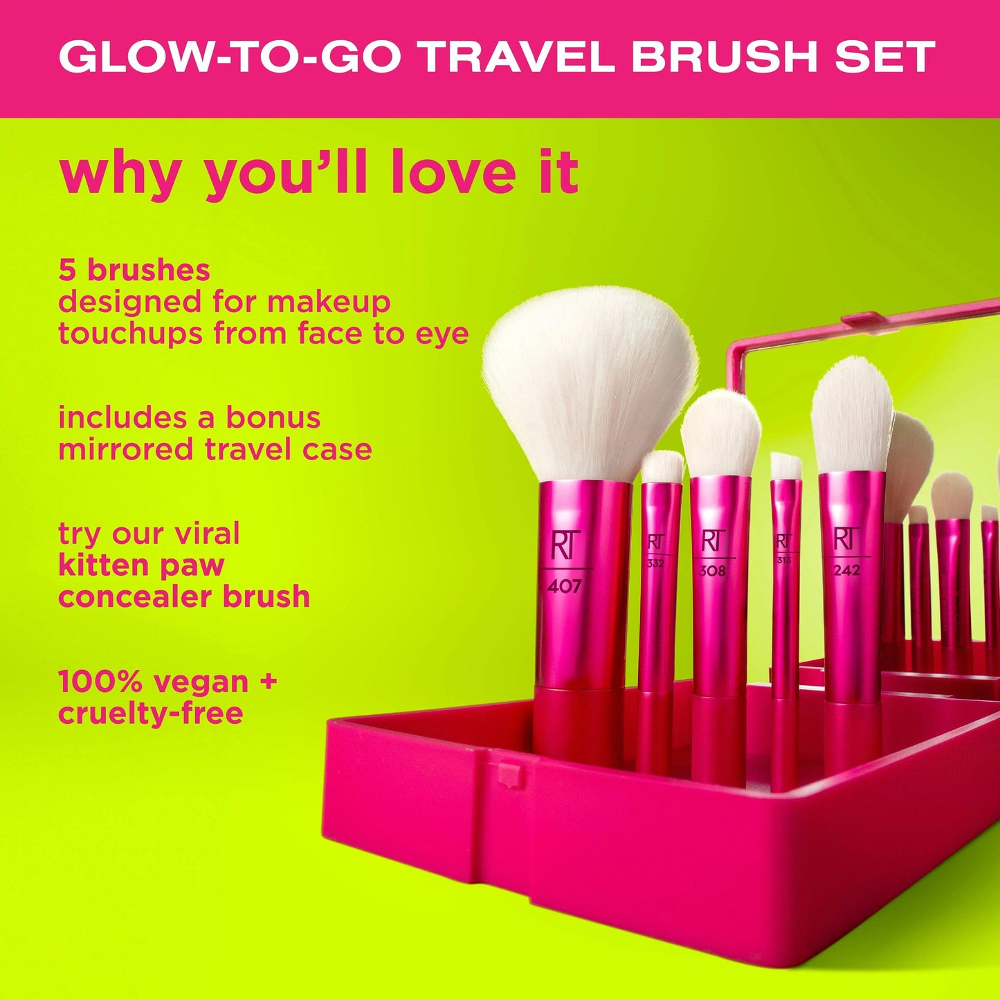 Real Techniques Vivid Escape Glow-To-Go Travel Makeup Brush 6 Piece Set, Mini Size Makeup Brushes For Eyeshadow, Concealer, Contour, & Blush, Includes Mirror Cosmetic Case, Cruelty-Free & Vegan