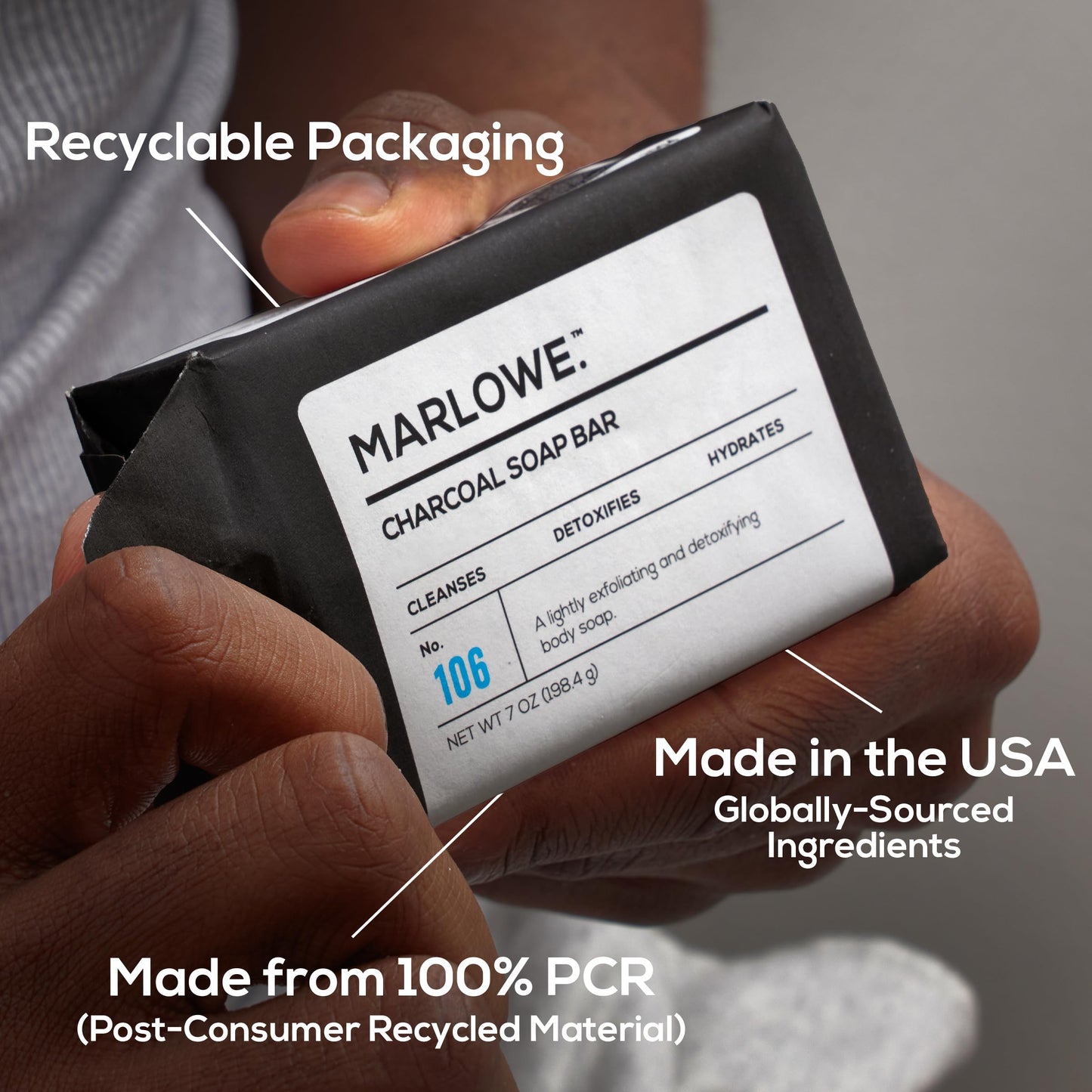 MARLOWE. No. 106 Charcoal Soap 7 oz (12 Bars) Body Bar Soap for Men, Cleansing, Purifying & Hydrating with Natural Extracts, Shea Butter, Olive Oil & Green Tea Extracts, Fresh Woodsy Scent