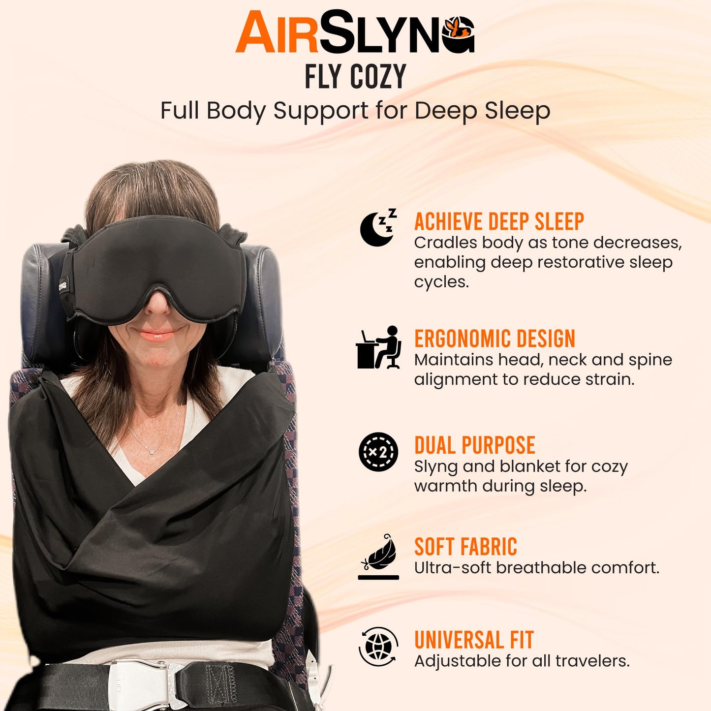 3-in-1 Airplane Sleep Support System - Integrated Plane Sleeping Accessories with Memory Foam Long Haul Flight Pillow, Adjustable Travel Eye Mask, and Blanket-Like Body Sling - Fits in Carry On