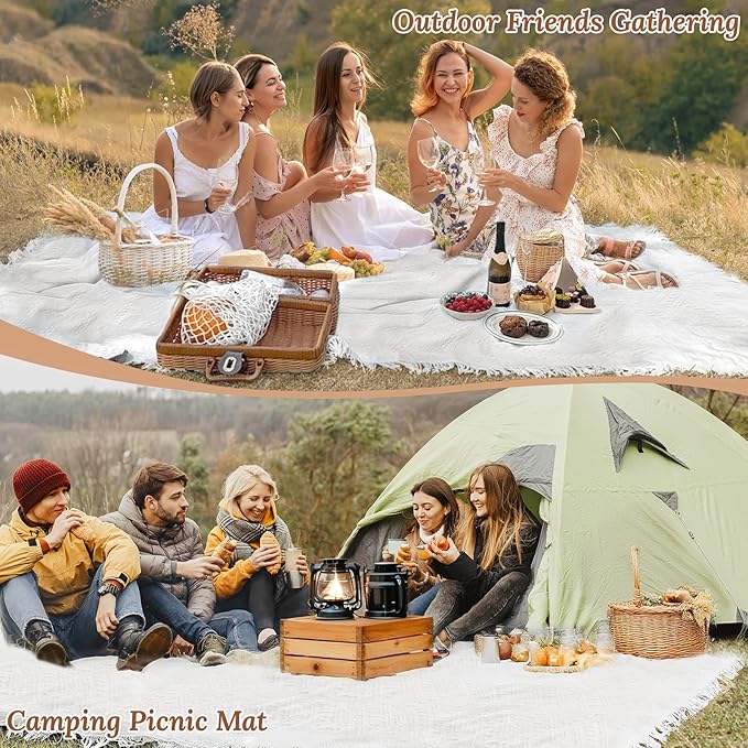 110 x 91 Extra Large White Outdoor Picnic Blanket, Woven Cotton Yarn Oversize Portable Blanket with Fringe for Camping, Lawn or Wedding. Indoor Bohemia Decorations, Machine Washable (110x91 Inches)