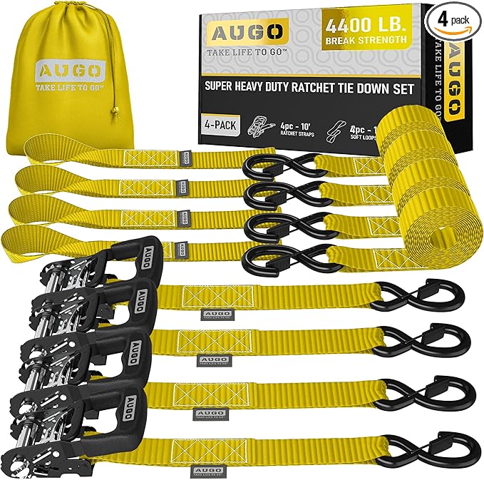AUGO Heavy Duty Ratchet Straps & Soft Loops – Pack of 4 Extra Strong 1.5” by 10’ Ratchet Straps w/S-Hook Safety Latches & 4 Soft Loop Tie Downs – 4400Lb Break Strength for Motorcycles, ATVs, Etc.