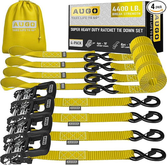 AUGO Heavy Duty Ratchet Straps & Soft Loops – Pack of 4 Extra Strong 1.5” by 10’ Ratchet Straps w/S-Hook Safety Latches & 4 Soft Loop Tie Downs – 4400Lb Break Strength for Motorcycles, ATVs, Etc.