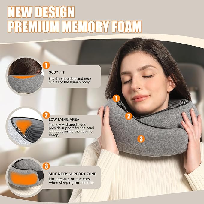 Neck Travel Pillow Upgraded Travel Neck Pillow for Airplane Memory Foam Travel Pillow for Airplanes Offices and Cars Headrest Sleep, Portable Plane Accessories