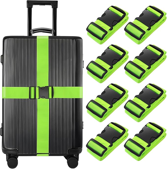 BILIONE 8 Pcs Luggage Straps, 79" Long Belts Keep Suitcase Secure While Traveling, TSA Approved Add a Bag Premium Accessory for Travel Bag Closure (8 Pcs Green)