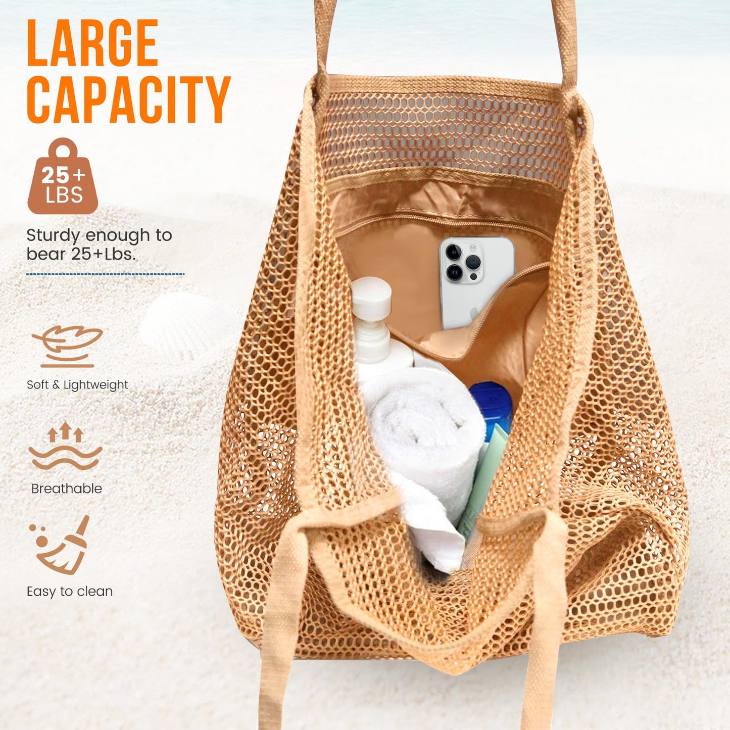 HOHOM Beach Bags for Women, Summer Travel Mesh Tote Bag with Large Inner Pocket, Sandproof Woven Shoulder Handbag Swim Pool Bag, Suit for Family Vacation Essentials