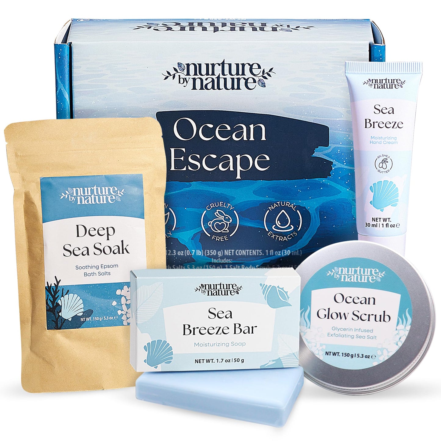 Nurture by Nature Ocean Escape Spa Gift Baskets for Women - 4 Piece Ocean Home Self Care Gift Set with Body Scrub, Bath Salts, Soap & Hand Cream - Pamper Gifts for Women Relax - Cruelty Free & Vegan