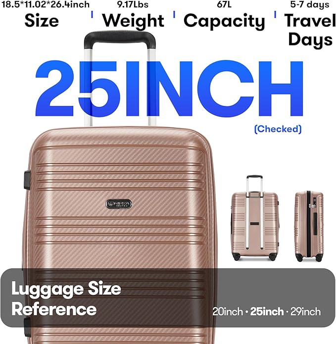 25 Inch Medium Checked Luggage Lightweight Suitcase with Spinner Wheels TSA Lock, Rose Gold