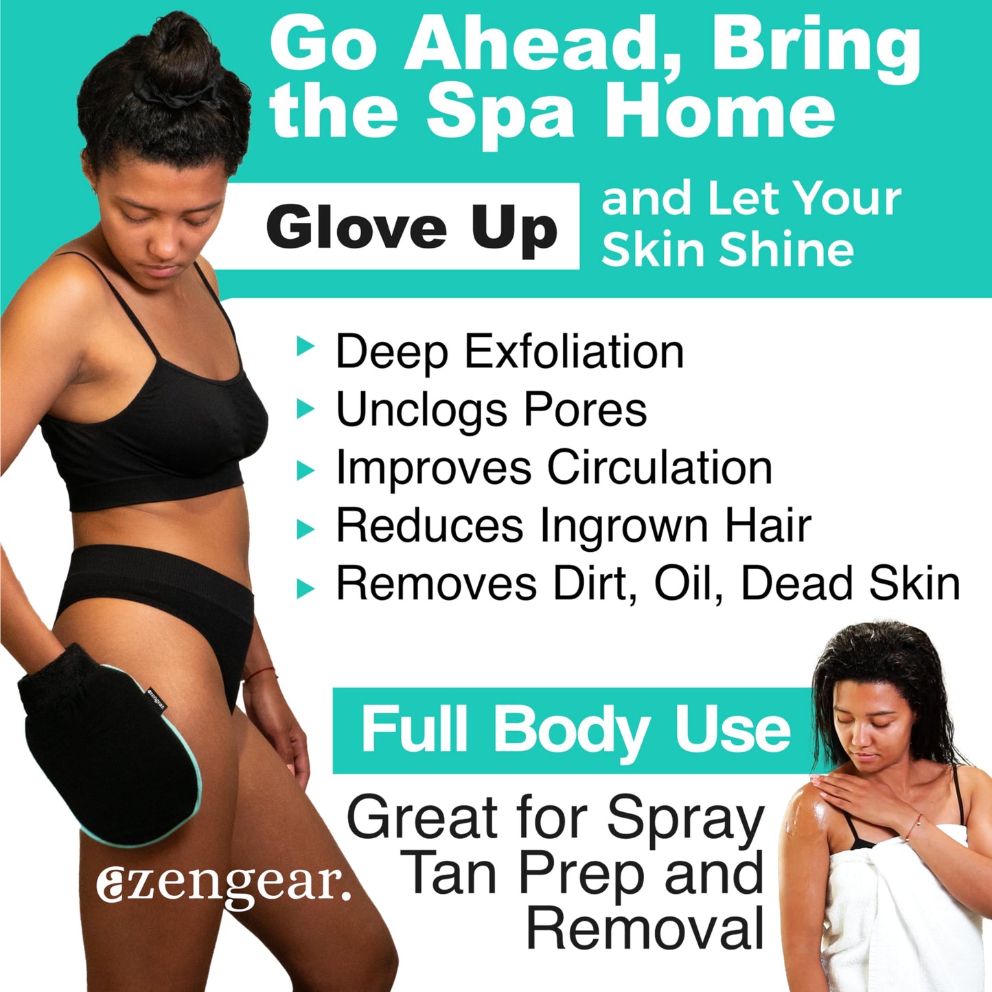 aZengear Deep Exfoliating Glove (2 Pack), Body Scrub Korean Mitt, Kessa Washcloth for Dead Skin, Spray Tan Removal, Keratosis Pilaris, Pore Cleansing, Viscose Natural Fibre