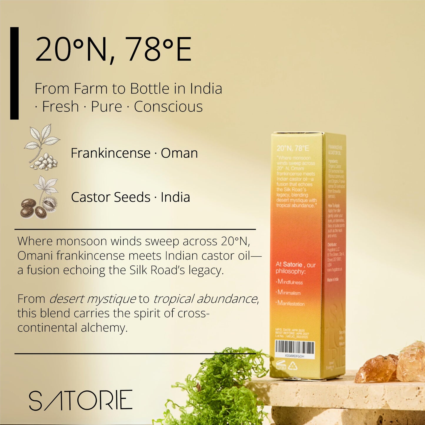 SATORIE Organic Castor & Frankincense Oil with Rose Quartz Rollerball - USDA Certified Essential Blend Oil Roll-On, Time Eraser Rollerball, for Face, Under Eyes, Anti-Aging, Dark Circles