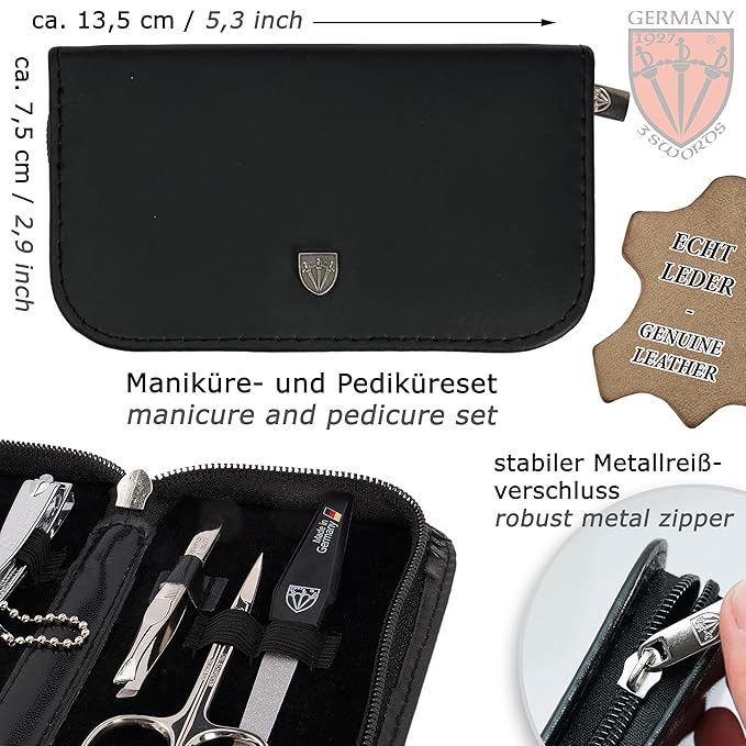 3 Swords Germany - brand quality 6 piece manicure pedicure grooming kit set genuine leather case black, Made in Germany
