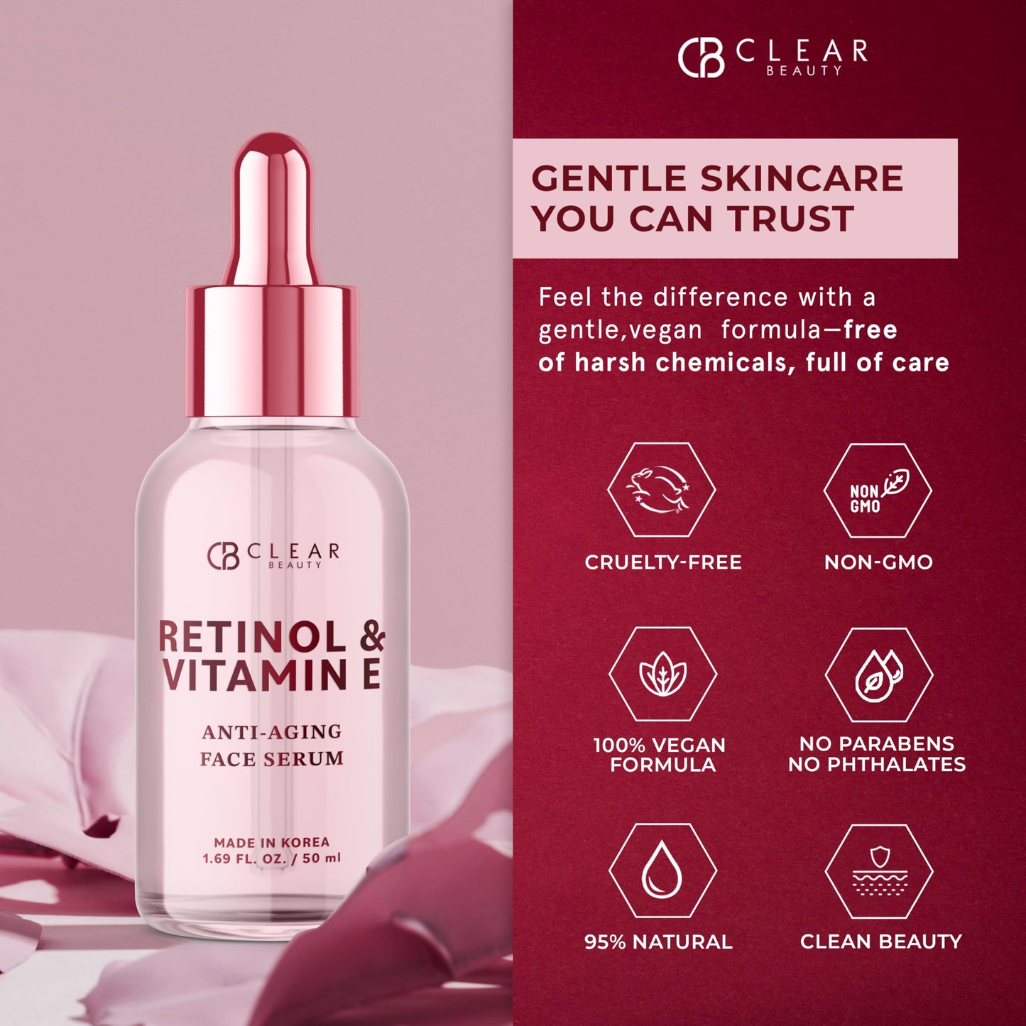 Clear Beauty Retinol & Vitamin E Facial Serum – Dermatologist-Tested, Anti-Aging, Hydrating & Revitalizing Korean Skincare – Vegan, Clean Beauty, Cruelty-Free, Sulfate-Free, Non-GMO – 1.69 fl. oz.
