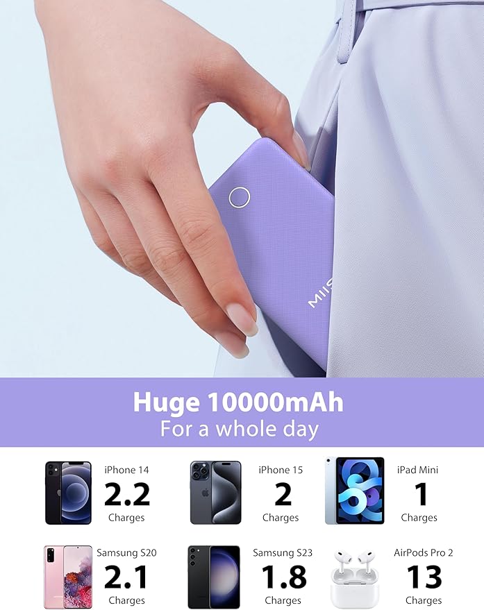 10000mAh Slim Portable Charger with Built in Cable, Power Bank Travel Charger External Battery Pack for Phone, 4 Output USB Type C Cord Clutch Charger Compatible with iPhone, 2 Pack White & Purple