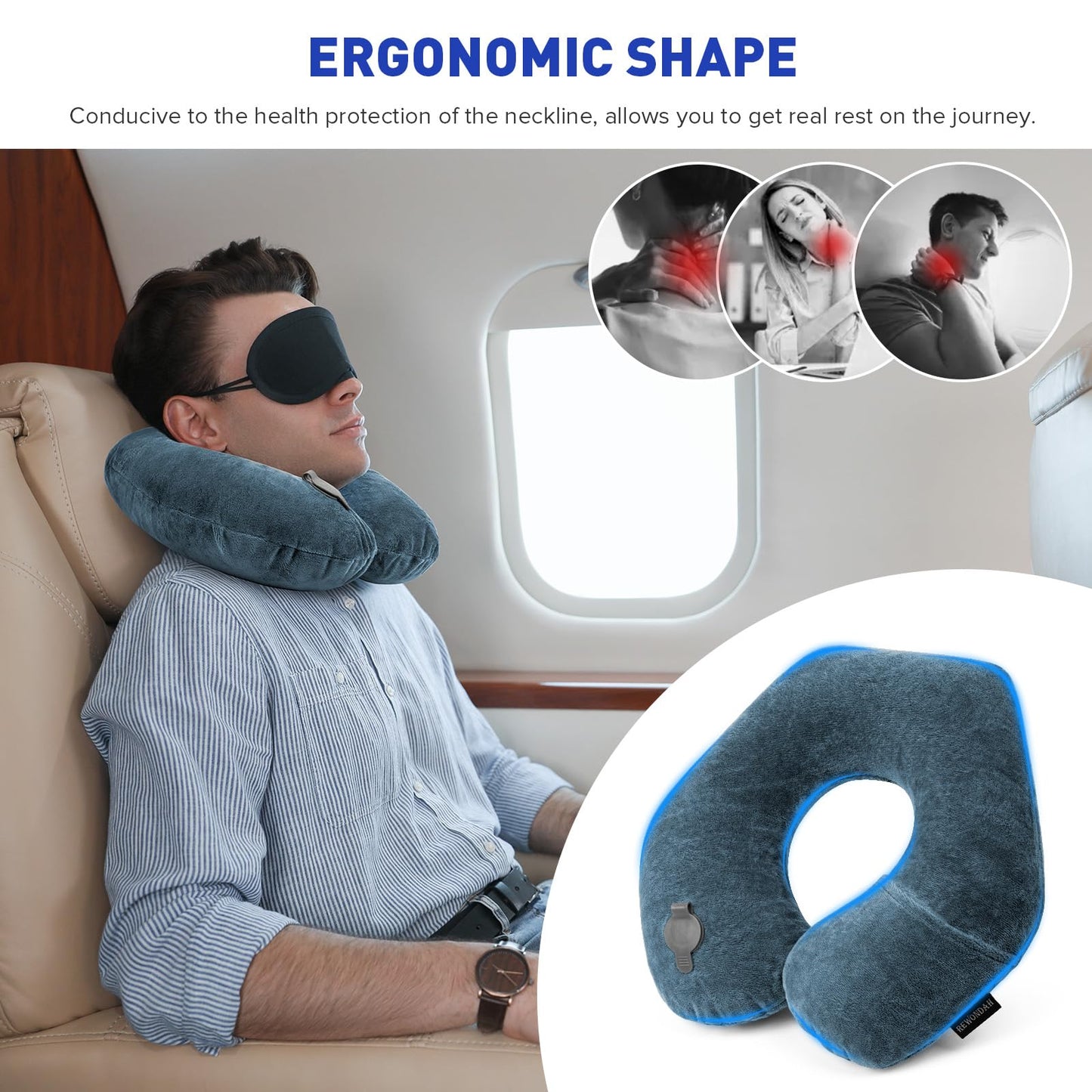 Rewondah Neck Pillows for Travel, Inflatable Travel Pillow, Inflatable Neck Pillow for Traveling Airplane with Soft Velour Washable Cover, U Shape Blow Up Neck Pillow for Airplanes Train Car Travel