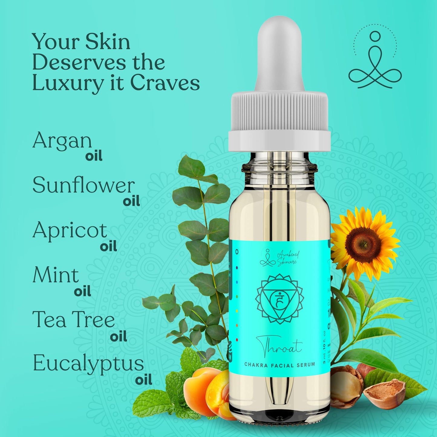 Throat Chakra Facial Serum Essential Oil Blend, Natural & Organic Moisturizing Serum for Face with Sunflower, Argan, Apricot, Rosemary, Lavender Oils for Spiritual Journey, Peace, Deeper Connection