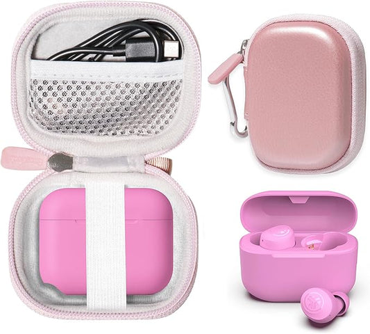 CaseSack Case for JLab Go Pop+,Go Air Pop, Air, Air Tones+/ Tones, JBuds Mini True Wireless Earbuds, Compact Organizer for The Charger case and Charger Cord (Rose Gold)