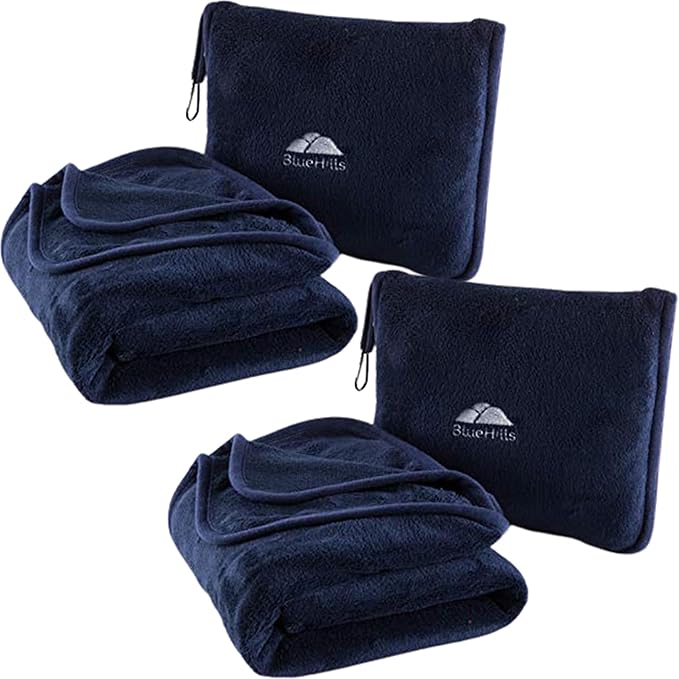 BlueHills Premium Soft 2-Pack Travel Blanket Pillows Airplane Large Plane Flight Throw Blankets for Two in Bag Compact Traveling Essentials Set Packable Warm Gifts Navy Blue T011