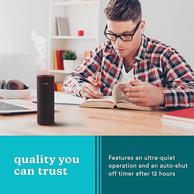 Homedics Portable Humidifier - Small Air Humidifiers for Bedroom, Plants, Office, Travel - Cool Mist Humidifiers, Color-Changing Accent Light, 2 Mist Settings, Black