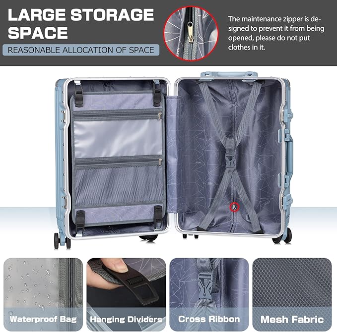 AnyZip Luggage Aluminium Frame Suitcase Hard Shell TSA Lock No Zipper 28In Haze Blue