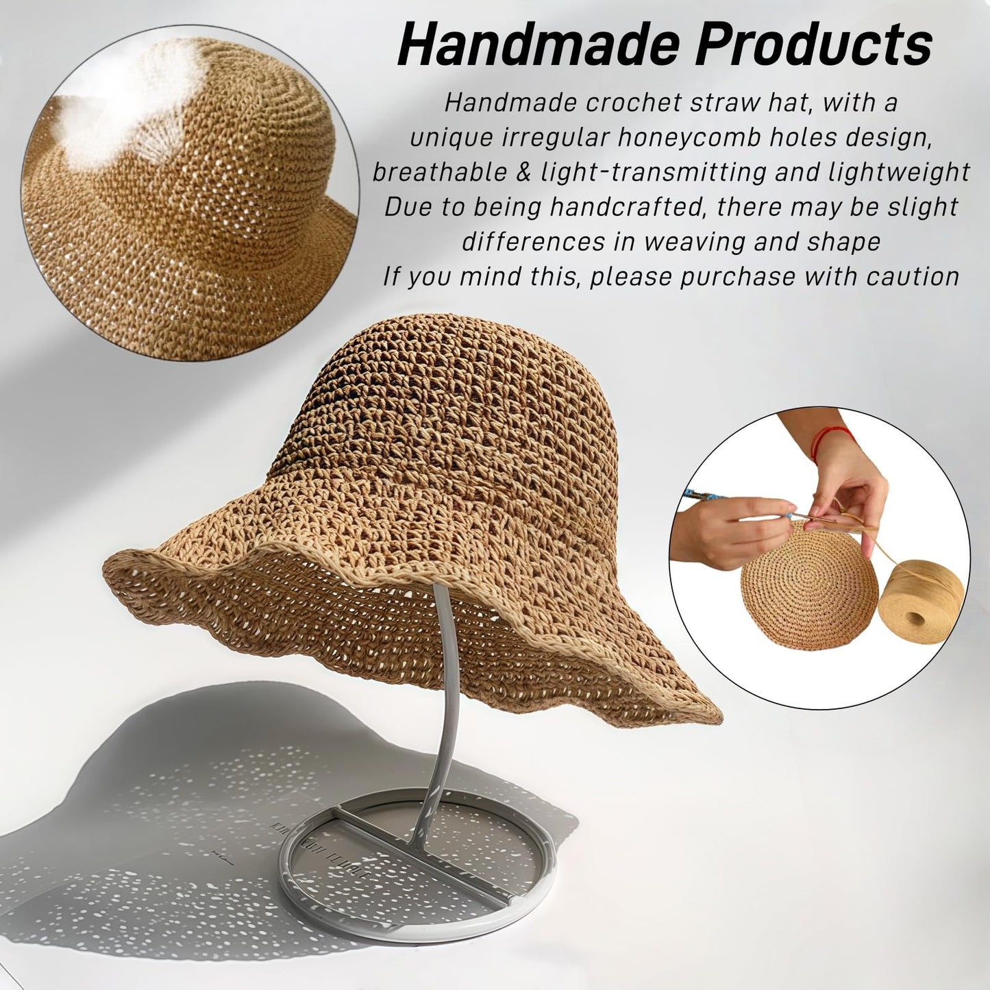 Womens Sun Hats Wide Brim Summer Beach Hat for Women Foldable Travel Fedora Handmade Crochet Straw Hat Packable UPF50+, Khaki