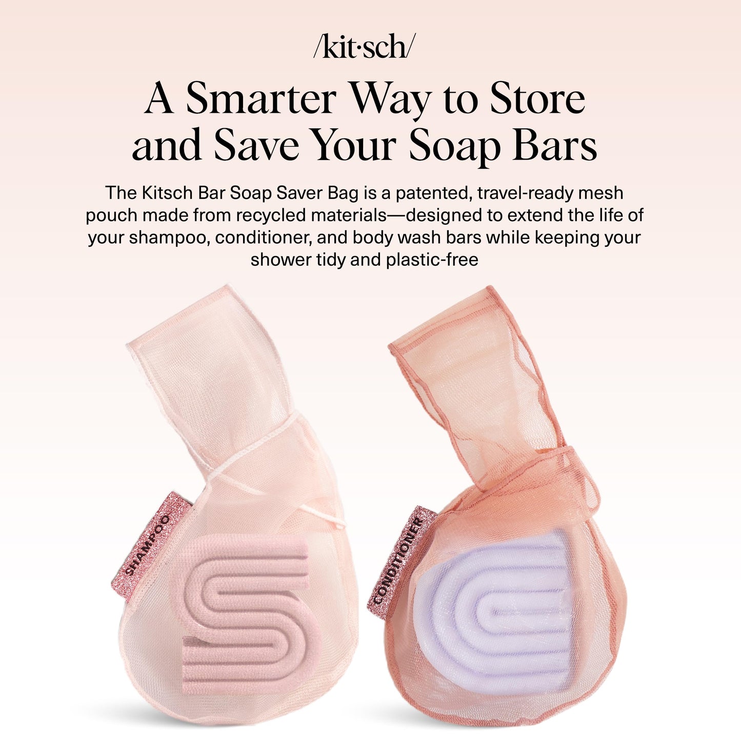 Kitsch Bar Soap Saver Bag – Patented Mesh Bag Soap Holder for Shampoo and Conditioner Bars - Extends Use & Prevents Soggy Mess - Recycled Mesh Beauty Pouch, Eco-Friendly - 2pc Set, Blush & Terracotta