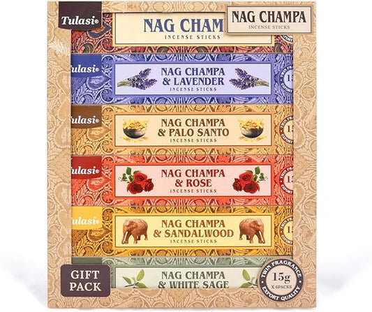 Tulasi Nag Champa Incense Sticks Gift Pack of 6, Hand Rolled Fragrance Incense Sticks for Aromatherapy, Relaxing, Yoga, Meditation, Prayer, Agarbatti Stick with Natural Oils (15gm x 6)