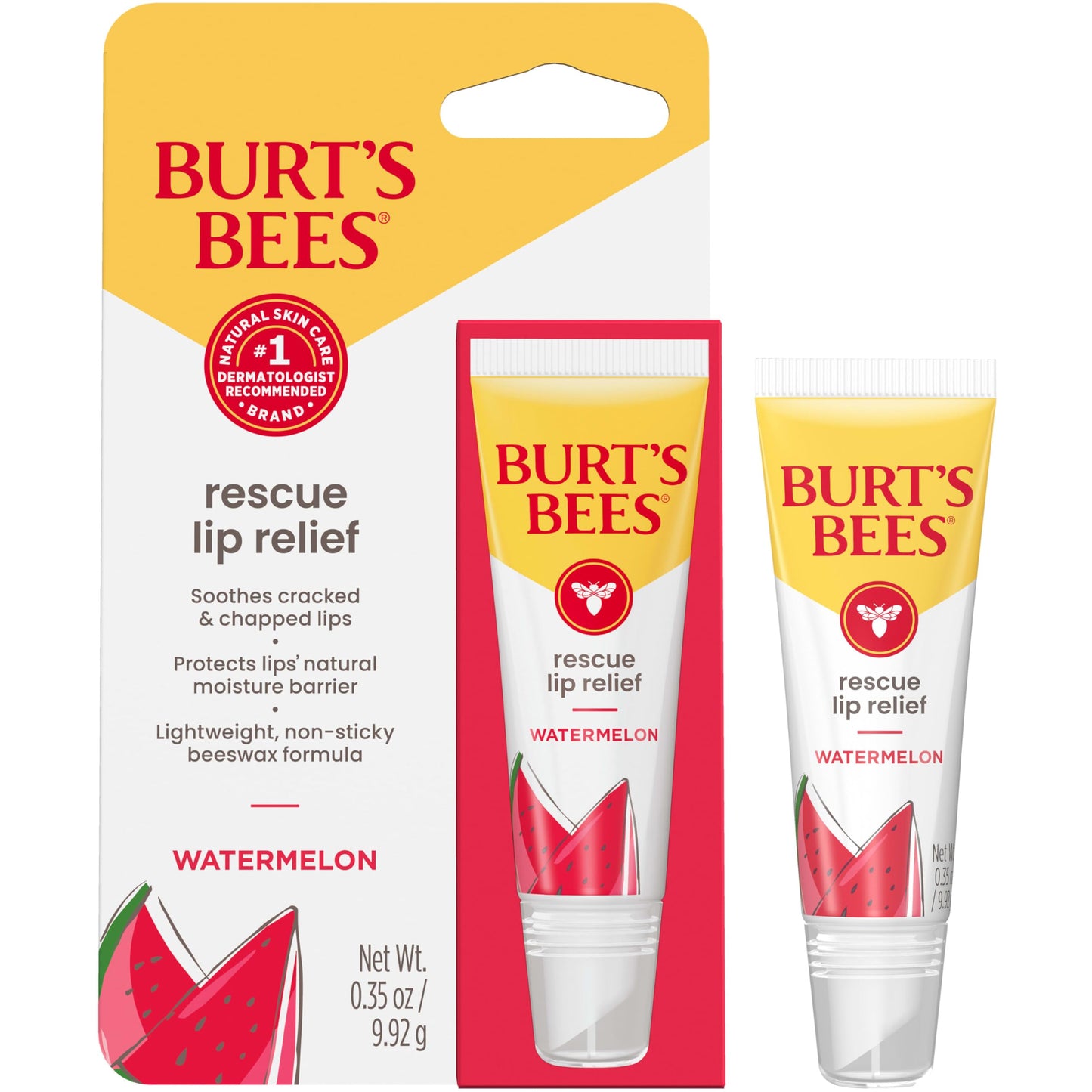 Burt's Bees Rescue Lip Relief, Watermelon, Hydrating Lip Balm for Dry Cracked Lips, with Responsbily Sourced Beeswax and Shea Butter, 100% Natural Origin, 1 Squeezy Tube, 0.35oz