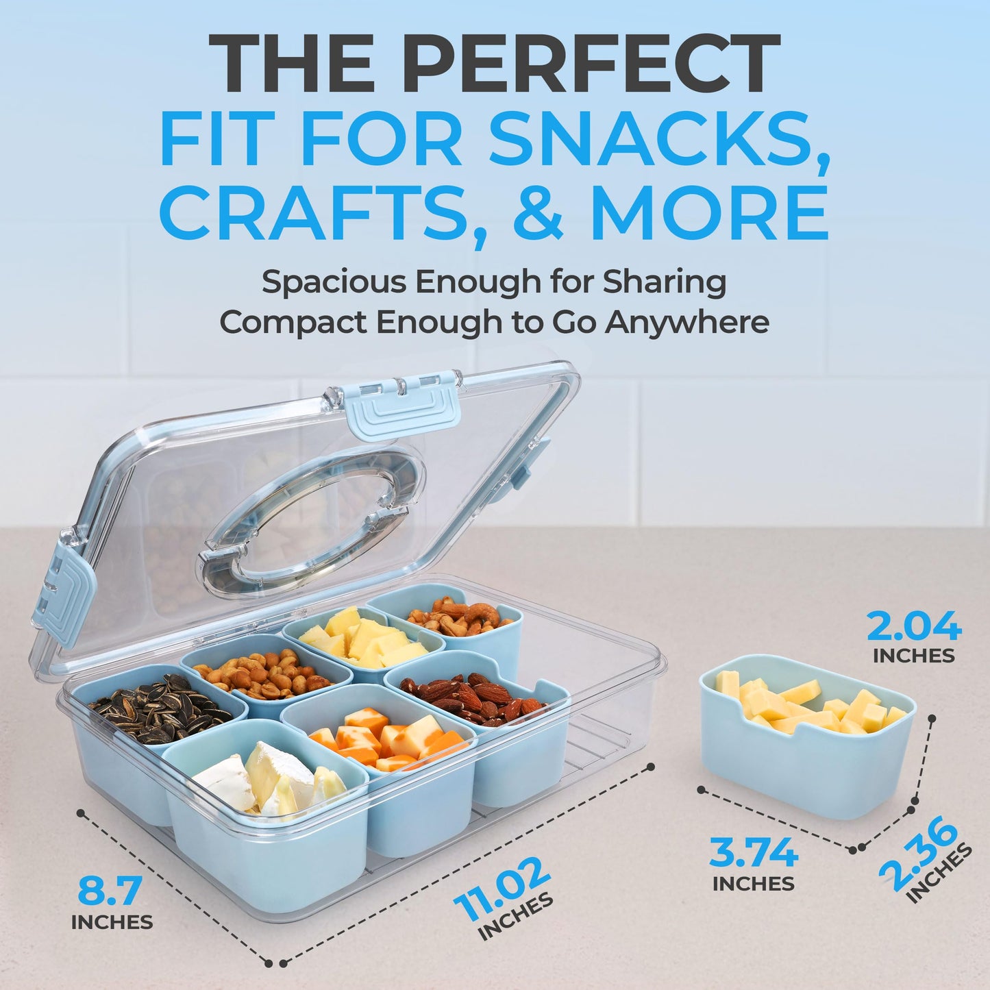 KEYVOZ Snackle Box Container with Lid- Travel Charcuterie Box with Handle - Organizer for Candy, Fruit, Nuts, Veggies, Snacks, Beach Essentials, Portable Lunch Box (Blue, Large)