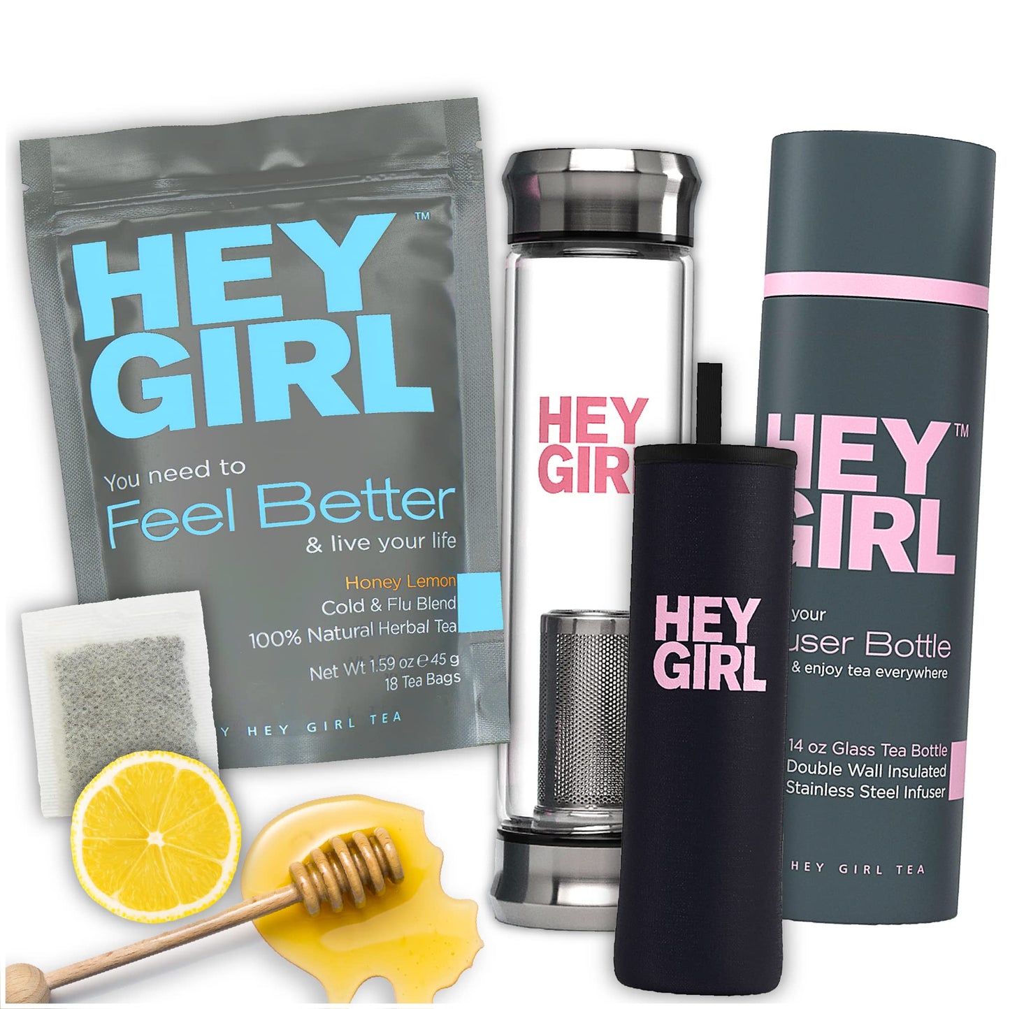Hey Girl Tea + Tea Bottle Bundle - Feel Better Herbal Tea - Immune Support, Immune Booster plus Glass Infuser Bottle with Tea Diffuser - Insulated Travel Thermos Tumbler For Loose Leaf Tea, Tea Bags