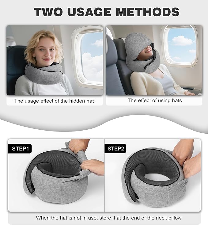 Hidden hat Airplane Travel Neck Pillow, Memory Foam Long-Distance Travel Neck Pillow, Suitable for use on Planes, in Cars and When Sleeping in The Office, Protecting Your Neck.