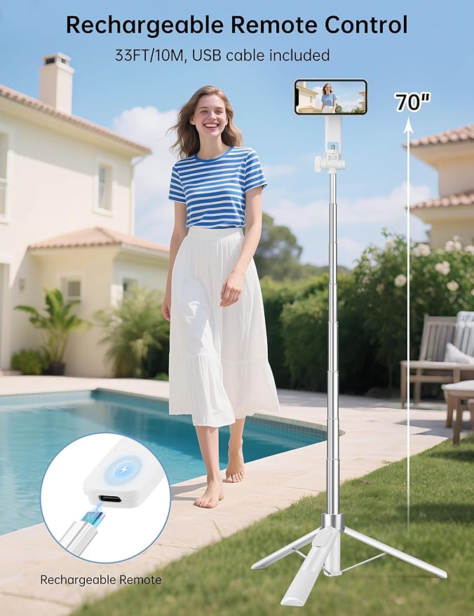 70" Magnetic Tripod for iPhone Magsafe, Extendable Selfie Stick Tripod with Rechargeable Remote & Magnetic Holder, 360° Rotatable Cell Phone Tripods Stand for Video Recording & Content Creation