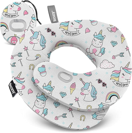 BCOZZY 3-7 Y/O Kids Travel Pillow for Car & Airplane, Soft Kids Neck Pillow for Traveling in Car Seat, Provides Double Support for Toddlers Head & Chin in Road Trips, Washable, Small Size, Unicorn