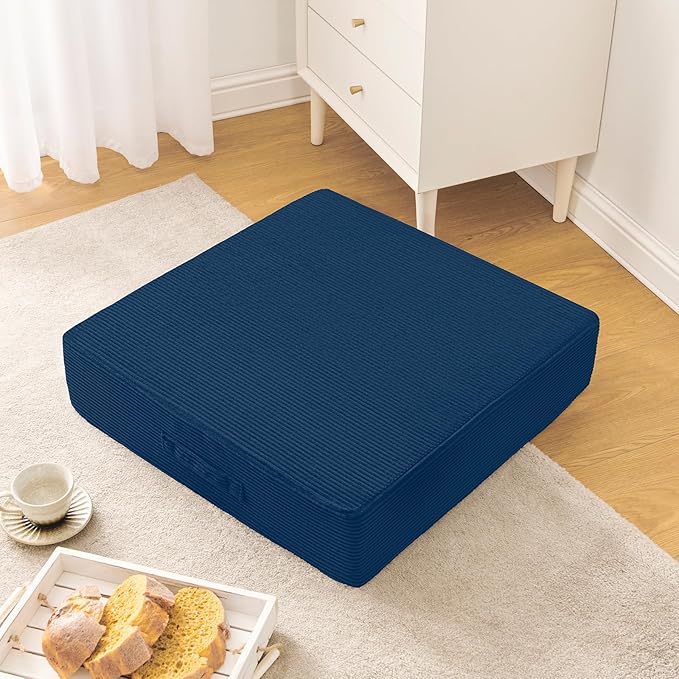 Wellsin Solid Square Floor Pillows for Adults Kids - Large Meditation Floor Pillow Seating Cushion with Thick Foam & Washable Velvet Cover, 2 Pack, 22x22x5 Inch, Dark Blue