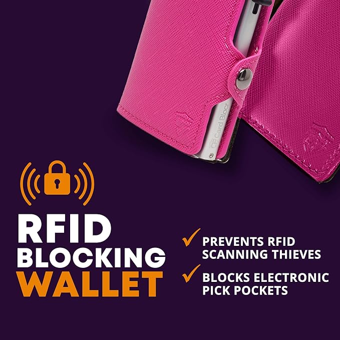 Card Blocr Womens Slim Wallet for Small Purses, Pop Up Wallet with Anti Theft RFID Blocking Credit Card Holder for Women in Pink PU Saffiano