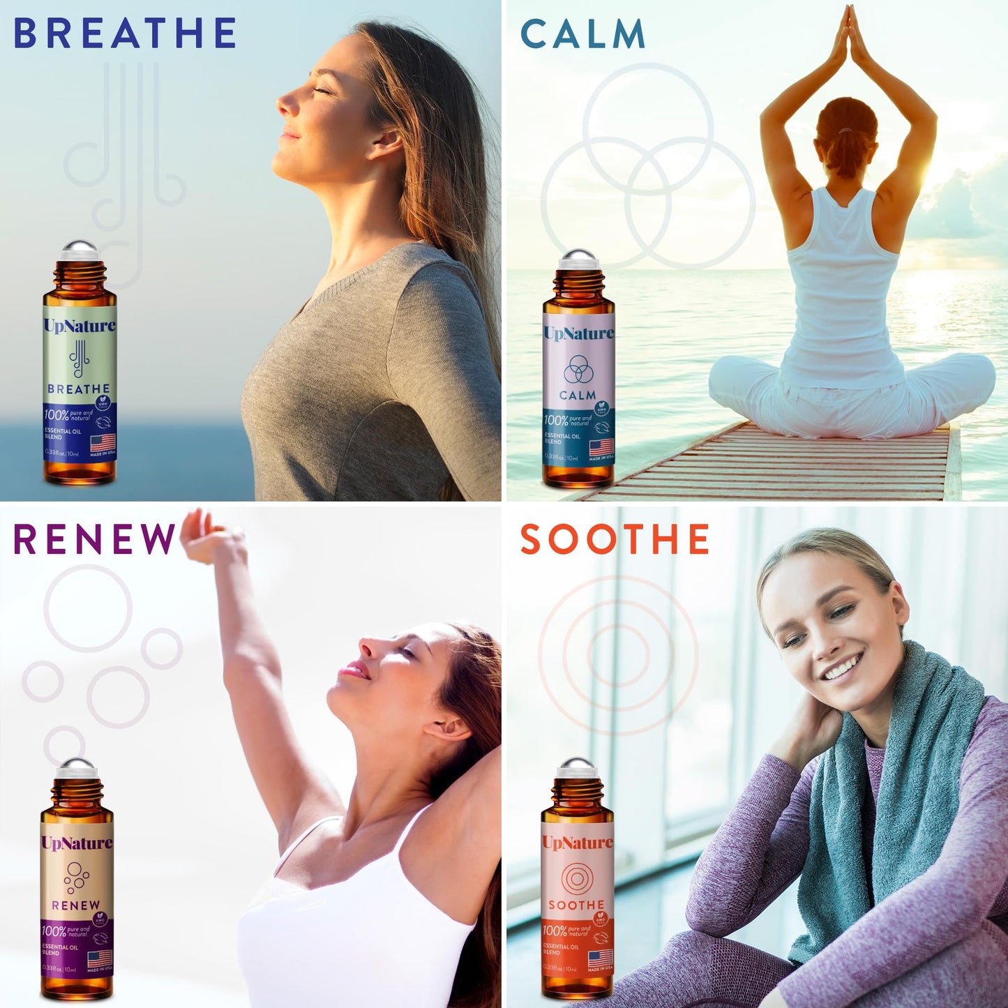 UpNature Essential Oils Roll On Set (Pack of 4) Stress Relief Gift Aromatherapy Oil - Self Care Gifts for Women