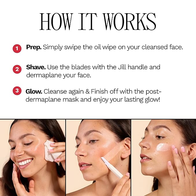 Jill Dermaplane Starter Kit for Women in Cream – Facial Razor & Exfoliating Blade Set with Pre-Shave Magic Wipe, Gentle Skin Cleanser, Glow Moisturizer & 2 Disposable Dermaplane Blades