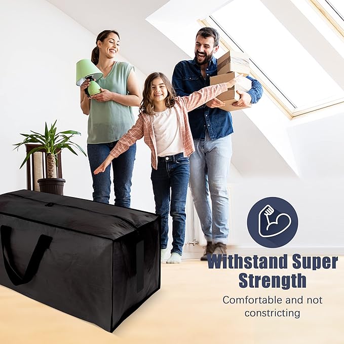 4 Pack Large Strong Moving Bags with Zippers & Carrying Handles - Water-Resistant - Heavy Duty Storage Tote for Space Saving Moving Storage, Fold Flat, Alternative to Moving Box (Black)