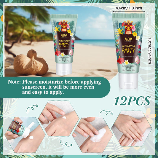 Dansib 12 Pcs Mini Sunscreen Bulk for Summer Travel Size SPF 30 Water Resistant Sunscreen Lotion Bulk for Thank You Gifts Wedding Bridal Shower Favors for Wedding Party(White Cream,Hawaiian Party)