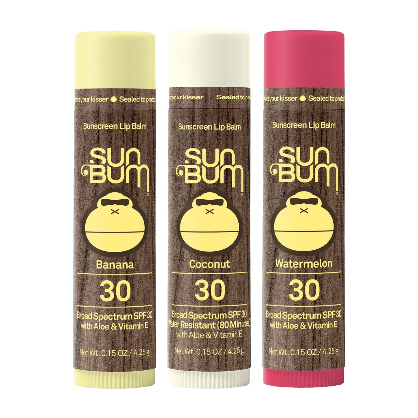 Sun Bum SPF 30 Sunscreen Lip Balm 3 Flavor Variety Pack - Coconut, Banana, Watermelon - Moisturizing Aloe Vera and Vitamin E - Vegan and Cruelty Free - UVA/UVB Lip Protection - 0.15 oz, 3 count