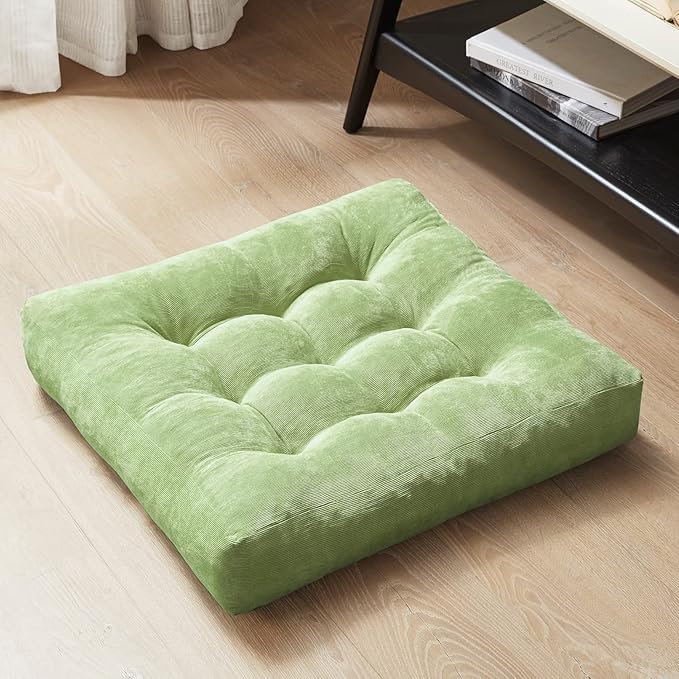 Degrees of Comfort Meditation Floor Pillow, Square Large Pillows Seating for Adults, Tufted Corduroy Cushion for Living Room Tatami, Green 22x22 Inch