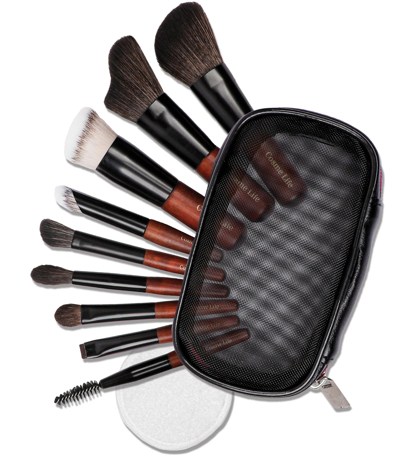 Cosme 9 FLAWLESS FACE MINI TRAVEL Makeup Brush Set: Foundation, Eyeshadow, Blush, Contour, Powder Mini Makeup Brush Set & Case. Synthetic & Natural Hair Makeup Brushes with Compact Short Handles