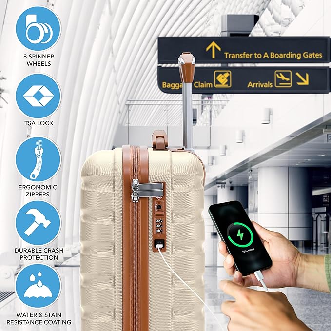 Carry On Suitcase Hardside Built In TSA Lock & USB Port Silent Double Spinner Wheels Maximum Underseat Carry-On Bag For American & United Approved Airlines( 18x14x8" ,Cream/Tan )