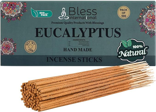 Bless-Eucalyptus 100%-Natural-Handmade-Hand-Dipped-Incense Organic-Chemicals-Charcoal-Free Purification-Relaxation-Positivity-Yoga-Meditation Best-Woods-Scent (500 Sticks(26 OZ))