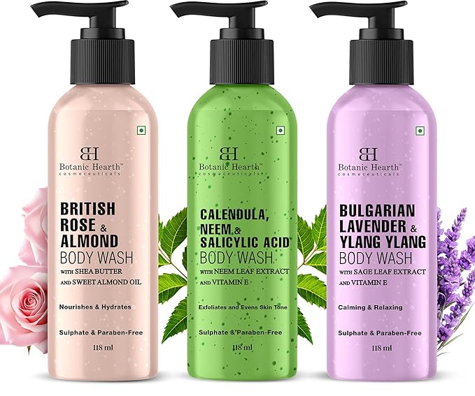 Botanic Hearth Relax And Renew Shower Set | Pack Of 3 Of Body Wash (British Rose,Lavender, Calendula Neem) 4 Fl Oz Each