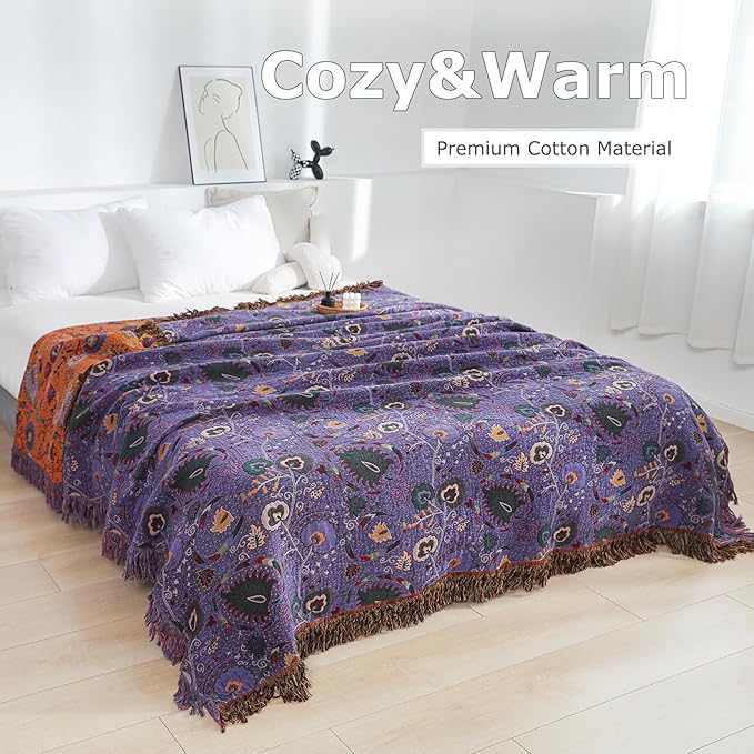 Boho Throw Blanket for Bed 100% Cotton Ultra Soft Rustic Quilt Farmhouse Decor Bed Fall Blanket,All Season Rustic Throw for Sofa Couch Chair (Flower-Purple, 80"×90")