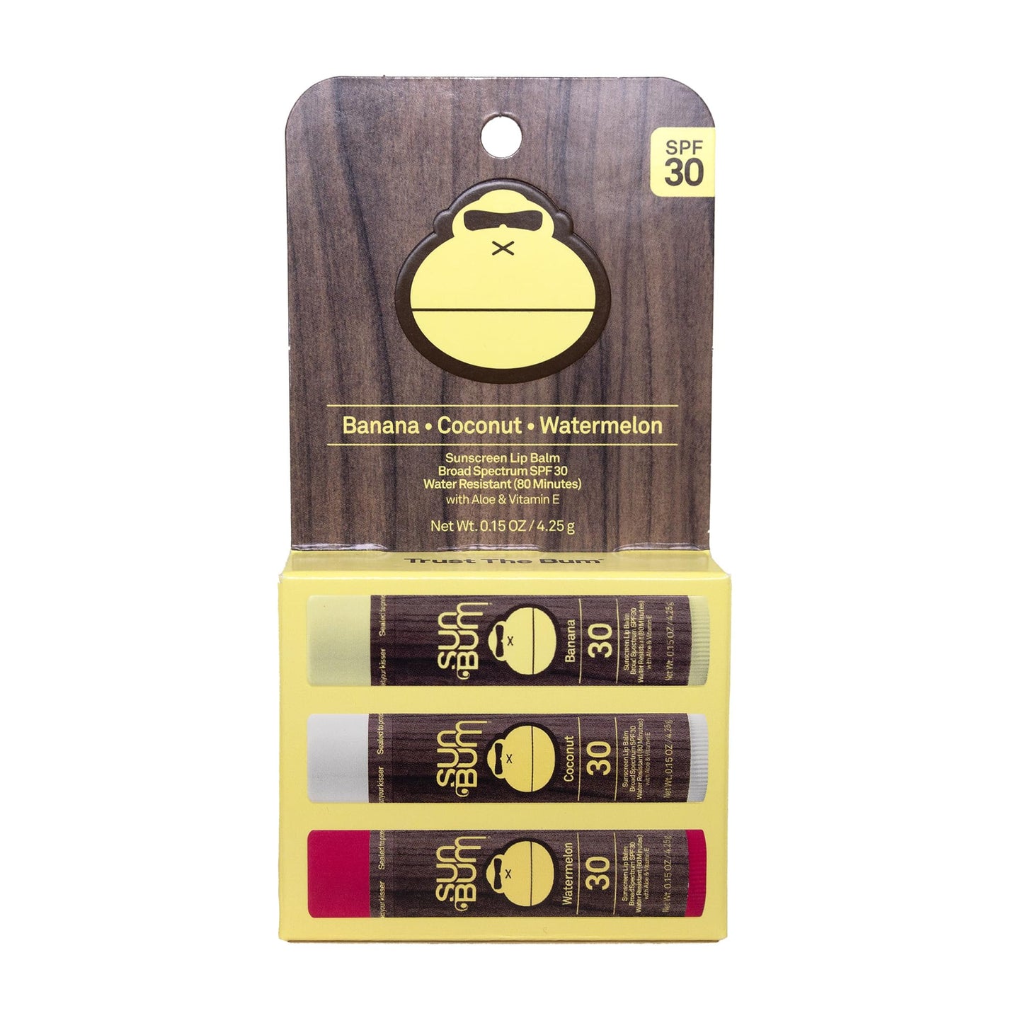 Sun Bum SPF 30 Sunscreen Lip Balm 3 Flavor Variety Pack - Coconut, Banana, Watermelon - Moisturizing Aloe Vera and Vitamin E - Vegan and Cruelty Free - UVA/UVB Lip Protection - 0.15 oz, 3 count