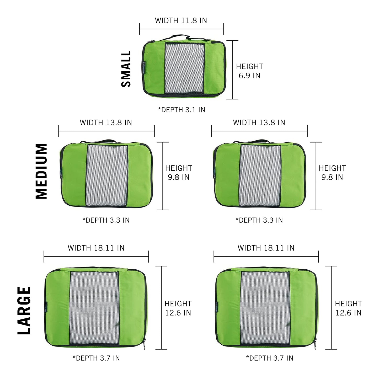 TravelWise Luggage Packing Organization Cubes 5 Pack, Lime, 1 Small, 2 Medium, 2 Large