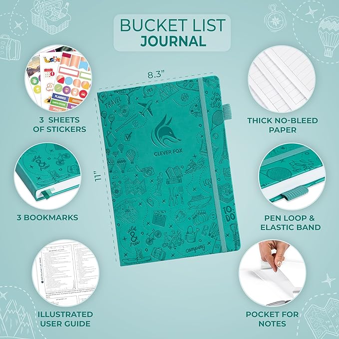 Clever Fox Bucket List Journal Large – Inspirational Book for Memories & Adventures – Motivational Bucket List Notebook for Couples, A4 (Turquoise)