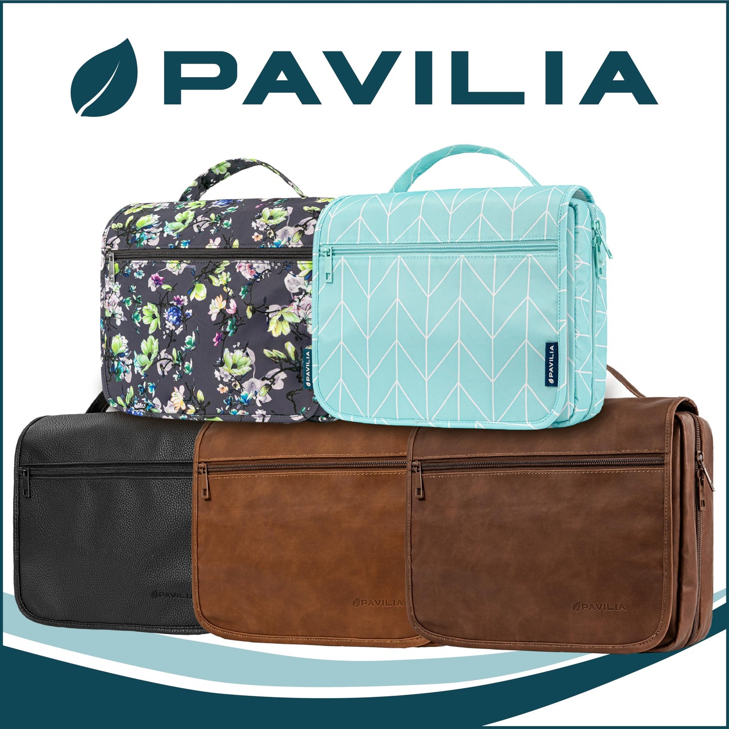 PAVILIA Hanging Toiletry Bag Women Men, Foldable Cosmetic Organizer Travel Bag, Water Resistant Makeup Bag Toiletries, Large Travel Essentials Kit (Brown)